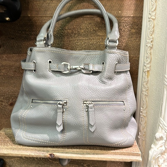 COLE HAAN LEATHER BUCKLE SHOULDER BAG IN GRAY pebbled leather - Picture 1 of 11